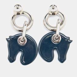 Pre Owned Hermès  Palladium Plated Blue Enamel Print Horse Drop Earrings 