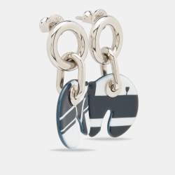 Pre Owned Hermès  Palladium Plated Blue Enamel Print Horse Drop Earrings 