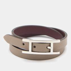 مملوكة مسبقًا Hermès  Taupe/Burgundy Leather Reversible Behapi Double Tour Bracelet