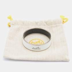 Hermes White Enamel Print Palladium Plated Caleche Bangle Bracelet
