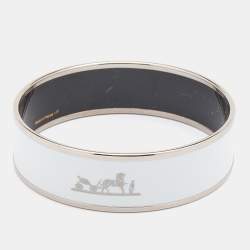 Hermes White Enamel Print Palladium Plated Caleche Bangle Bracelet