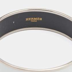 Hermes White Enamel Print Palladium Plated Caleche Bangle Bracelet