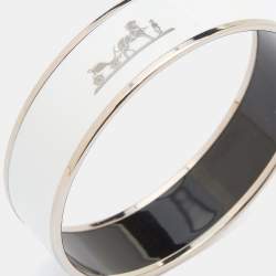 Hermes White Enamel Print Palladium Plated Caleche Bangle Bracelet