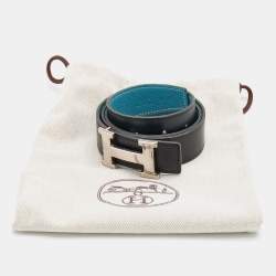 Hermes Black/Bleu Jean Box and Togo Leather Palladium Finish Reversible H Buckle Belt 90 CM