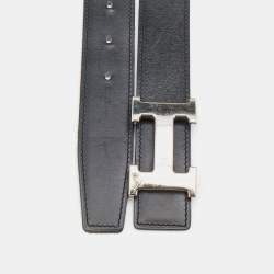 Hermes Black/Bleu Jean Box and Togo Leather Palladium Finish Reversible H Buckle Belt 90 CM