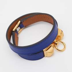 Pre Owned Hermès Blue Leather Rivale Double Tour Bracelet T2