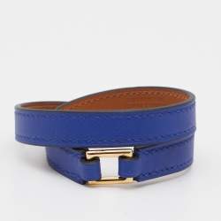 Pre Owned Hermès Blue Leather Rivale Double Tour Bracelet T2