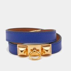 Pre Owned Hermès Blue Leather Rivale Double Tour Bracelet T2