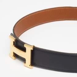 Pre Owned Hermes Black/Gold Box and Togo Leather Gold Finish Constance H Belt 95 CM