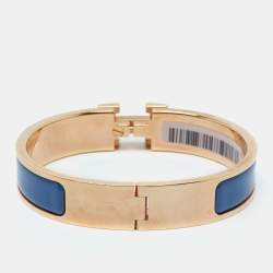 Pre Owned Hermès Clic H Blue Enamel Rose Gold Plated Narrow Bracelet