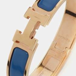 Pre Owned Hermès Clic H Blue Enamel Rose Gold Plated Narrow Bracelet
