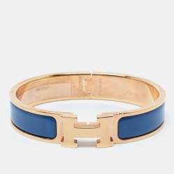 Pre Owned Hermès Clic H Blue Enamel Rose Gold Plated Narrow Bracelet