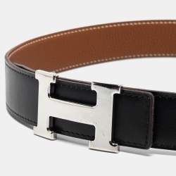 Pre Owned Hermes Black/Gold Togo and Box Leather H Buckle Reversible Belt 75CM