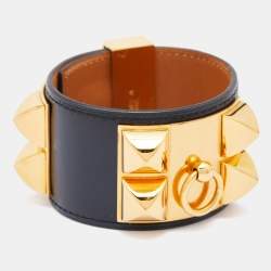 Hermès Black Leather Collier de Chien Cuff Bracelet S