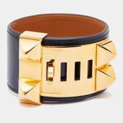 Hermès Black Leather Collier de Chien Cuff Bracelet S