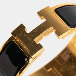 Pre Owned Hermès Clic Clac H Black Enamel Gold Plated Wide Bracelet
