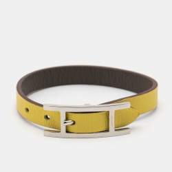 Pre Owned Hermes Behapi Bi-color Leather Palladium Plated Reversible Bracelet XS