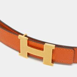 Pre Owned Hermes Orange/Black Epsom and Swift Leather Guillochee Constance Reversible Belt 75CM