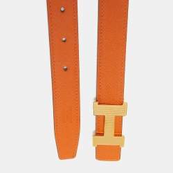 Pre Owned Hermes Orange/Black Epsom and Swift Leather Guillochee Constance Reversible Belt 75CM