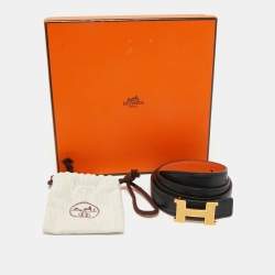 Pre Owned Hermes Orange/Black Epsom and Swift Leather Guillochee Constance Reversible Belt 75CM