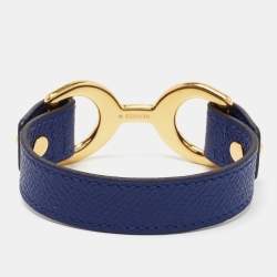 Hermes Pavane Blue Leather Gold Plated Metal Bracelet