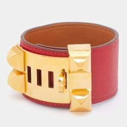 Pre Owned Hermès Red Leather Collier de Chien Cuff Bracelet S