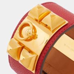 Pre Owned Hermès Red Leather Collier de Chien Cuff Bracelet S