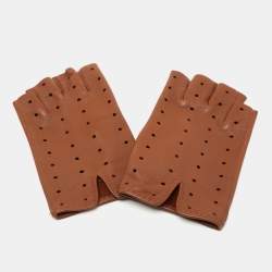 Hermes Brown Leather Perforated Fingerless Gloves Size 8