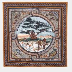 Hermes Brown Sous Le Cedre Printed Silk Square Scarf