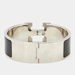 Pre Owned Hermès Black Enamel Palladium Plated Clic Clac H Bracelet