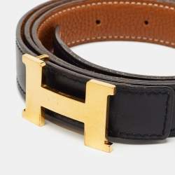Hermes Black/Gold Togo and Box Leather Constance Reversible Belt 90CM
