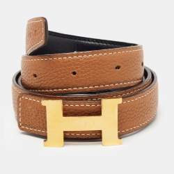 Hermes Black/Gold Togo and Box Leather Constance Reversible Belt 90CM