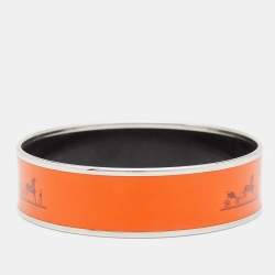Hermes Orange Enamel Palladium Plated Caleche Bangle Bracelet