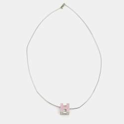 Hermes Silver/Pink Enamel Cage d'H Cube Pendant Necklace