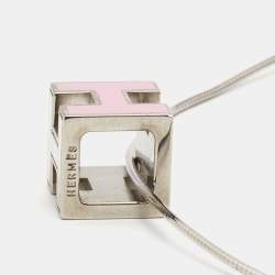 Hermes Silver/Pink Enamel Cage d'H Cube Pendant Necklace