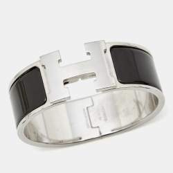 Hermès Clic Clac H Black Enamel Palladium Plated Wide Bracelet