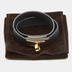 Hermès Dark Grey Leather Gold Plated Kelly Double Tour Bracelet