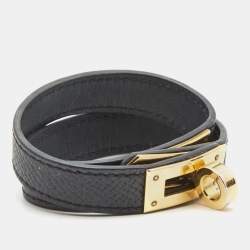 Hermès Dark Grey Leather Gold Plated Kelly Double Tour Bracelet