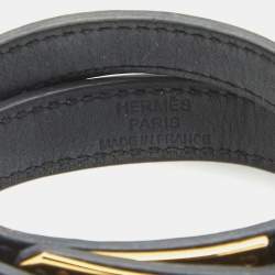 Hermès Dark Grey Leather Gold Plated Kelly Double Tour Bracelet