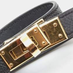 Hermès Dark Grey Leather Gold Plated Kelly Double Tour Bracelet