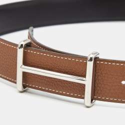 Pre Owned Hermes Black/Gold Togo and Box Leather H D'ancre Reversible Belt 85CM