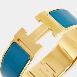 Hermes Clic Clac H Blue Enamel Gold Plated Wide Bracelet