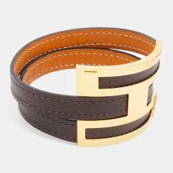 Pre Owned Hermes Pousse Pousse Brown Leather Gold Plated Bracelet