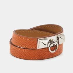 Hermès Orange Leather Palladium Plated Rivale Double Tour Bracelet 