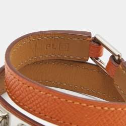 Hermès Orange Leather Palladium Plated Rivale Double Tour Bracelet 