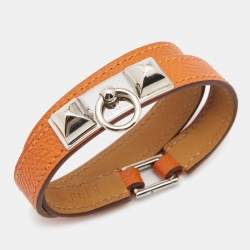 Hermès Orange Leather Palladium Plated Rivale Double Tour Bracelet 