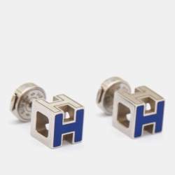 Pre Owned Hermes Cage d'H Blue Enamel Palladium Plated Earrings
