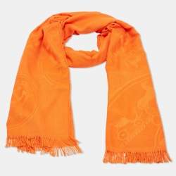 Hermes Orange H Logo Jacquard Cashmere & Silk Fringed Shawl