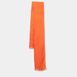 Hermes Orange H Logo Jacquard Cashmere & Silk Fringed Shawl