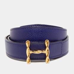 Pre Owned Hermes Bleu Encre/Black Epsom and Swift Leather Reversible Mors H Buckle Belt 75 CM